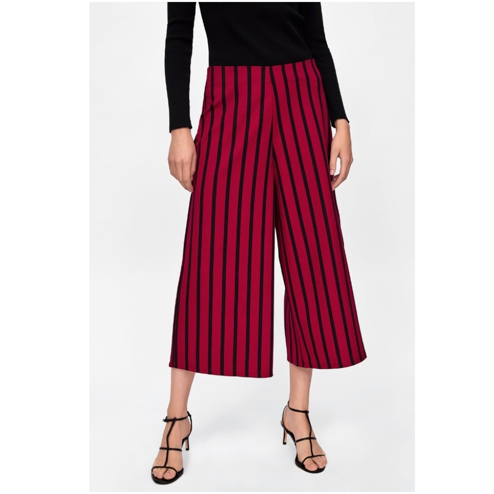 Zara Wide-Leg Striped Culotte Pants in Burgundy and Black